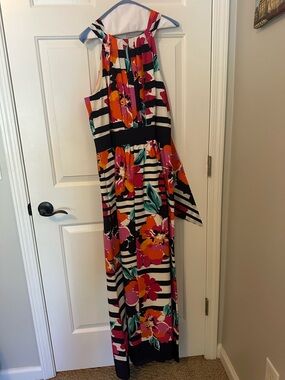 Eliza J Striped Floral Maxi Dress in Navy, White, Orange & Pink